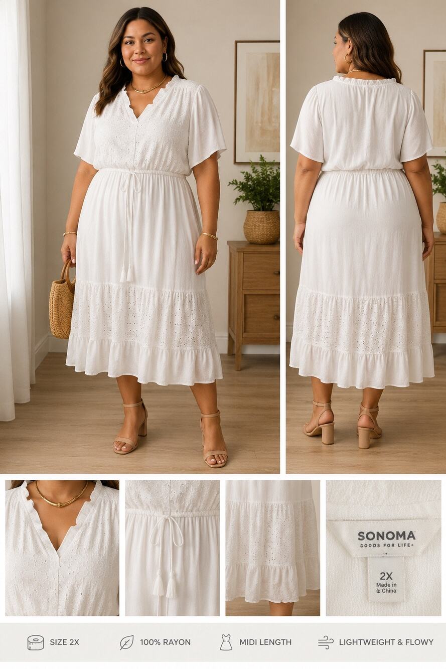 Sonoma Goods For Life Size 2X White Eyelet Embroidered Rayon Midi Dress Sale!